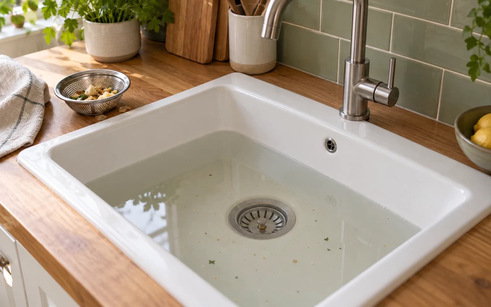 Scène illustrative : eau stagnante dans un évier, robinet fermé et bonde visible