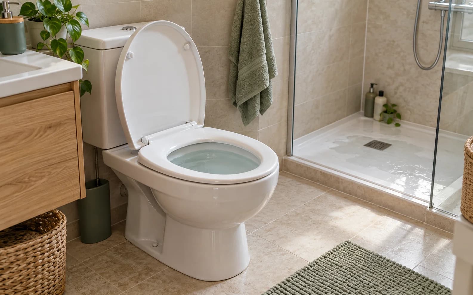 Scène illustrative : niveau d’eau élevé dans un WC et eau retenue dans une douche